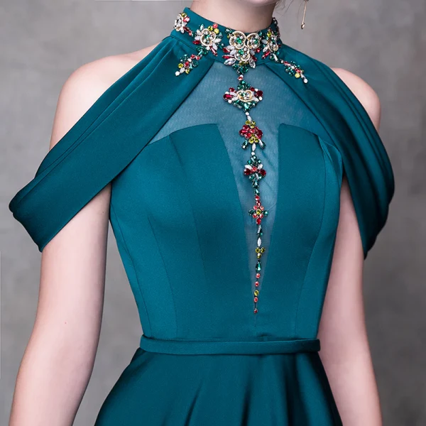 Modern / Fashion Ink Blue Evening Dresses 2018 A-Line / Princess High Neck Strapless Sleeveless Beading Rhinestone Sash Court Train Ruffle Backless Formal Dresses