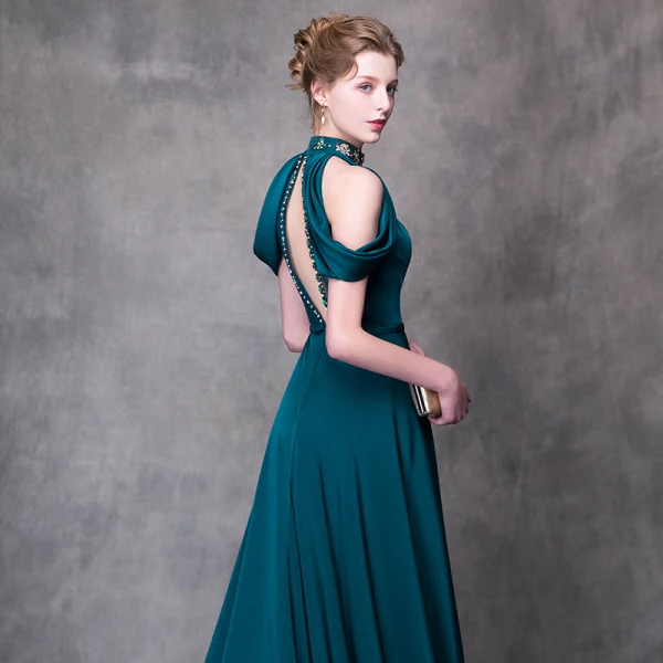 Modern / Fashion Ink Blue Evening Dresses 2018 A-Line / Princess High Neck Strapless Sleeveless Beading Rhinestone Sash Court Train Ruffle Backless Formal Dresses