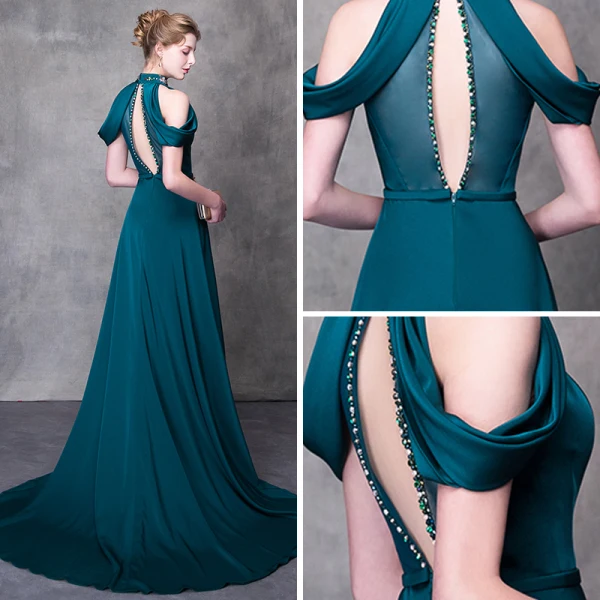 Modern / Fashion Ink Blue Evening Dresses 2018 A-Line / Princess High Neck Strapless Sleeveless Beading Rhinestone Sash Court Train Ruffle Backless Formal Dresses