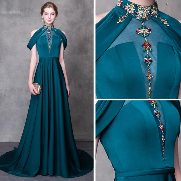 Modern / Fashion Ink Blue Evening Dresses 2018 A-Line / Princess High Neck Strapless Sleeveless Beading Rhinestone Sash Court Train Ruffle Backless Formal Dresses
