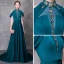 Modern / Fashion Ink Blue Evening Dresses  2018 A-Line / Princess High Neck Strapless Sleeveless Beading Rhinestone Sash Court Train Ruffle Backless Formal Dresses