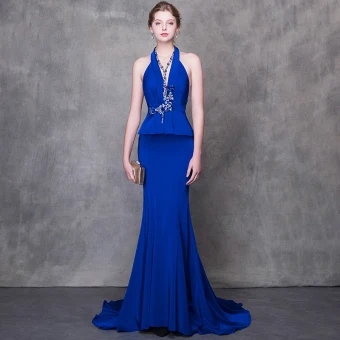 Sexy Royal Blue Evening Dresses 2018 Trumpet Mermaid Halter Strapless Sleeveless Beading Rhinestone Sash Court Train Backless Formal Dresses