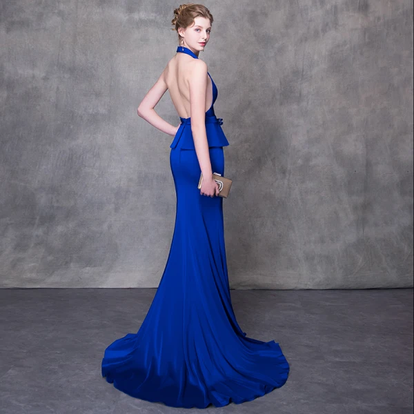 Sexy Royal Blue Evening Dresses  2018 Trumpet / Mermaid Halter Strapless Sleeveless Beading Rhinestone Sash Court Train Backless Formal Dresses