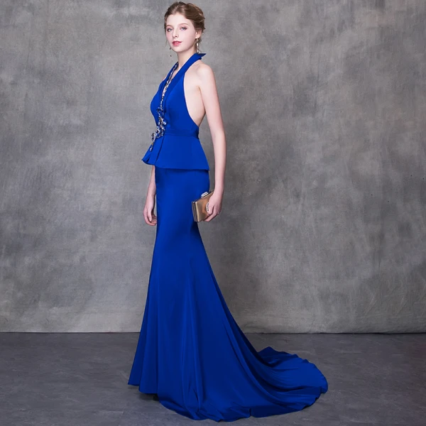 Sexy Royal Blue Evening Dresses  2018 Trumpet / Mermaid Halter Strapless Sleeveless Beading Rhinestone Sash Court Train Backless Formal Dresses