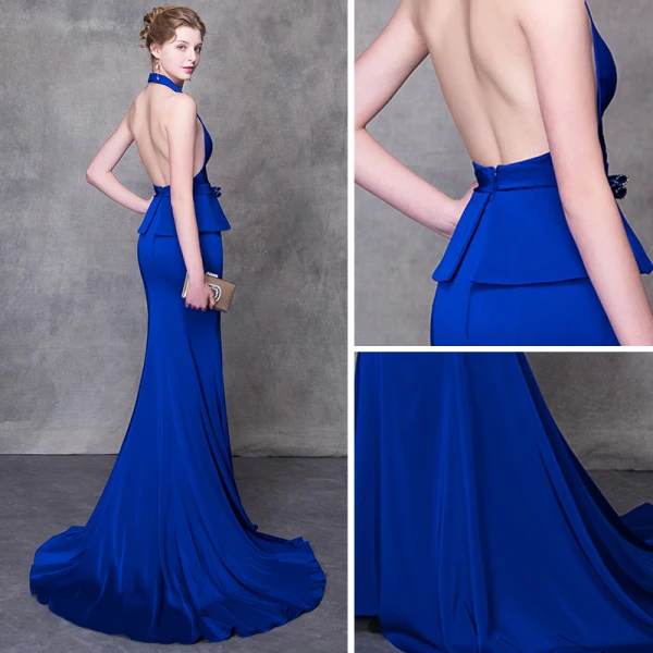 Sexy Royal Blue Evening Dresses  2018 Trumpet / Mermaid Halter Strapless Sleeveless Beading Rhinestone Sash Court Train Backless Formal Dresses