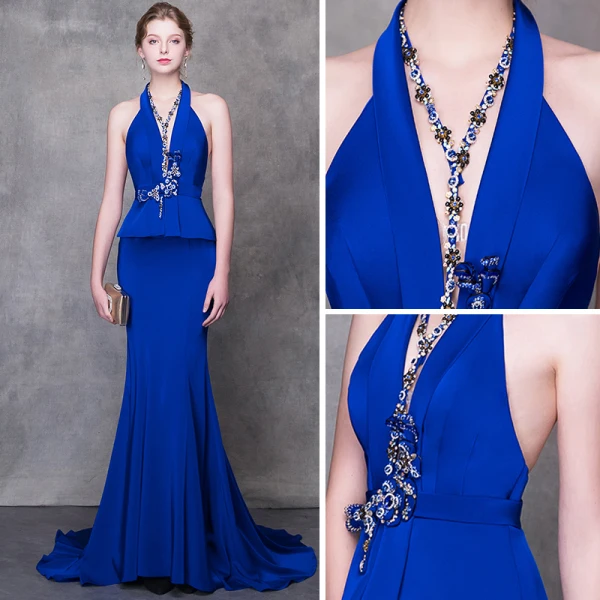 Sexy Royal Blue Evening Dresses  2018 Trumpet / Mermaid Halter Strapless Sleeveless Beading Rhinestone Sash Court Train Backless Formal Dresses