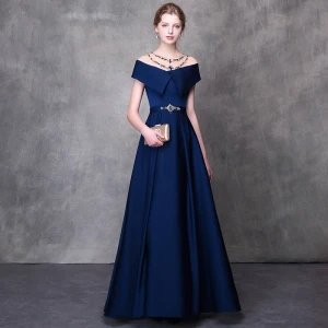 Moderne Mode Bleu Marine Percé Robe De Soirée 2018 Princesse Perlage Faux Diamant Encolure Dégagée Manches Courtes Ceinture Longue Volants Dos Nu Robe De Ceremonie
