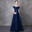 Modern / Fashion Navy Blue Pierced Evening Dresses  2018 A-Line / Princess Beading Rhinestone Scoop Neck Short Sleeve Sash Floor-Length / Long Ruffle Backless Formal Dresses
