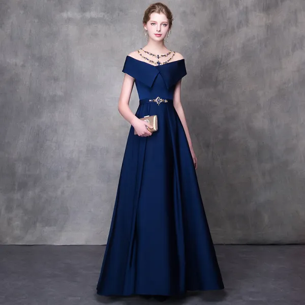 Modern / Fashion Navy Blue Pierced Evening Dresses  2018 A-Line / Princess Beading Rhinestone Scoop Neck Short Sleeve Sash Floor-Length / Long Ruffle Backless Formal Dresses