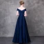 Modern / Fashion Navy Blue Pierced Evening Dresses  2018 A-Line / Princess Beading Rhinestone Scoop Neck Short Sleeve Sash Floor-Length / Long Ruffle Backless Formal Dresses