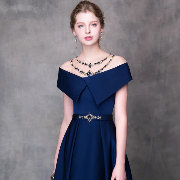 Modern / Fashion Navy Blue Pierced Evening Dresses 2018 A-Line / Princess Beading Rhinestone Scoop Neck Short Sleeve Sash Floor-Length / Long Ruffle Backless Formal Dresses