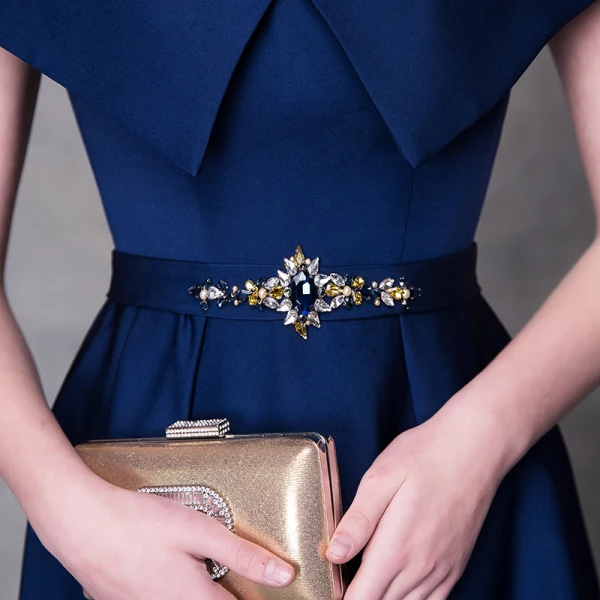 Modern / Fashion Navy Blue Pierced Evening Dresses 2018 A-Line / Princess Beading Rhinestone Scoop Neck Short Sleeve Sash Floor-Length / Long Ruffle Backless Formal Dresses