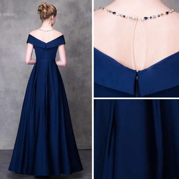 Modern / Fashion Navy Blue Pierced Evening Dresses 2018 A-Line / Princess Beading Rhinestone Scoop Neck Short Sleeve Sash Floor-Length / Long Ruffle Backless Formal Dresses