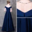 Modern / Fashion Navy Blue Pierced Evening Dresses  2018 A-Line / Princess Beading Rhinestone Scoop Neck Short Sleeve Sash Floor-Length / Long Ruffle Backless Formal Dresses
