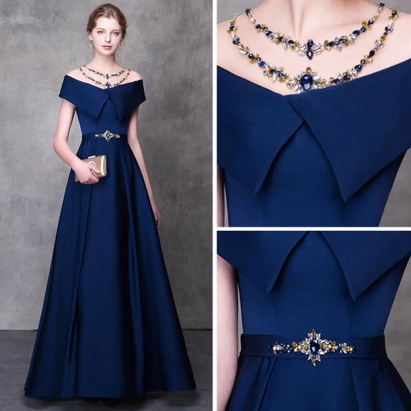Modern / Fashion Navy Blue Pierced Evening Dresses 2018 A-Line / Princess Beading Rhinestone Scoop Neck Short Sleeve Sash Floor-Length / Long Ruffle Backless Formal Dresses