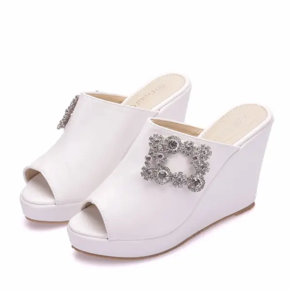 Roman White Rhinestone Prom Womens Sandals 2025 10 cm Wedges Open / Peep Toe Sandals High Heels
