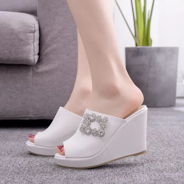 Roman White Rhinestone Street Wear Womens Sandals 2025 10 cm Wedges Open / Peep Toe Sandals