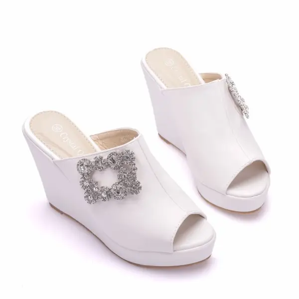 Roman White Rhinestone Street Wear Womens Sandals 2025 10 cm Wedges Open / Peep Toe Sandals