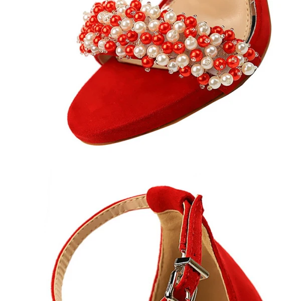 Sexy Blozen Roze Avond Parel Rhinestone Sandalen Dames 2022 Enkelband 11 cm Naaldhakken / Stiletto Peep Toe Sandalen Hoge Hakken
