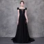 Chic / Belle Noire Robe De Soirée 2018 Princesse Perlage Faux Diamant Encolure Carrée Mancherons Chapel Train Volants Dos Nu Robe De Ceremonie
