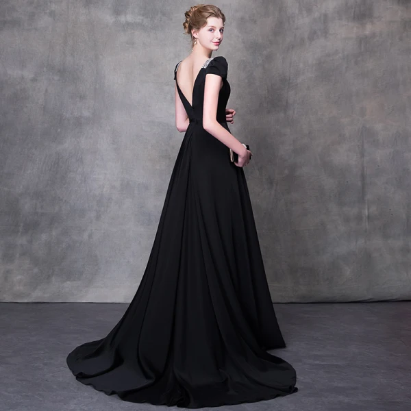 Chic / Belle Noire Robe De Soirée 2018 Princesse Perlage Faux Diamant Encolure Carrée Mancherons Chapel Train Volants Dos Nu Robe De Ceremonie