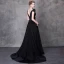 Chic / Belle Noire Robe De Soirée 2018 Princesse Perlage Faux Diamant Encolure Carrée Mancherons Chapel Train Volants Dos Nu Robe De Ceremonie