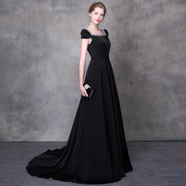 Chic / Belle Noire Robe De Soirée 2018 Princesse Perlage Faux Diamant Encolure Carrée Mancherons Chapel Train Volants Dos Nu Robe De Ceremonie