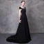 Chic / Belle Noire Robe De Soirée 2018 Princesse Perlage Faux Diamant Encolure Carrée Mancherons Chapel Train Volants Dos Nu Robe De Ceremonie