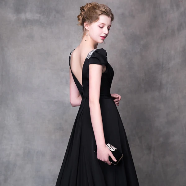 Chic / Belle Noire Robe De Soirée 2018 Princesse Perlage Faux Diamant Encolure Carrée Mancherons Chapel Train Volants Dos Nu Robe De Ceremonie