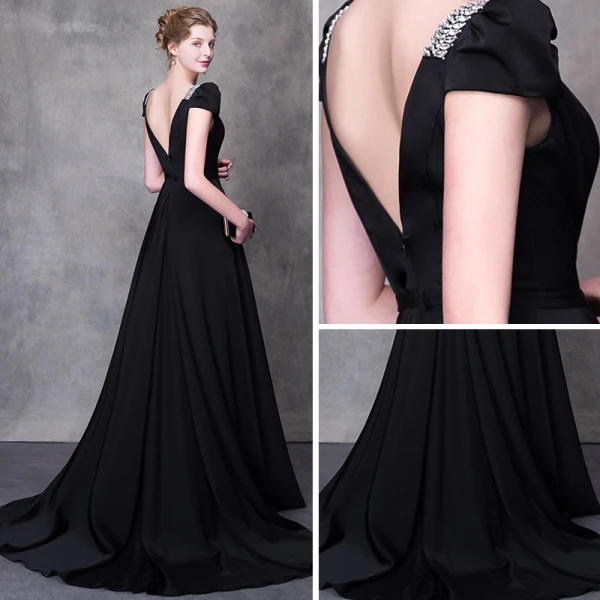 Chic / Belle Noire Robe De Soirée 2018 Princesse Perlage Faux Diamant Encolure Carrée Mancherons Chapel Train Volants Dos Nu Robe De Ceremonie