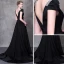 Chic / Belle Noire Robe De Soirée 2018 Princesse Perlage Faux Diamant Encolure Carrée Mancherons Chapel Train Volants Dos Nu Robe De Ceremonie