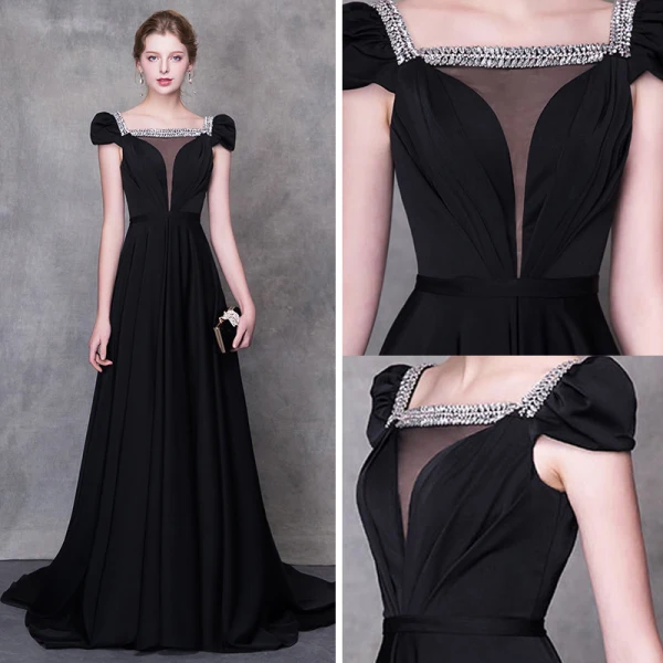Chic / Belle Noire Robe De Soirée 2018 Princesse Perlage Faux Diamant Encolure Carrée Mancherons Chapel Train Volants Dos Nu Robe De Ceremonie
