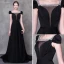 Chic / Belle Noire Robe De Soirée 2018 Princesse Perlage Faux Diamant Encolure Carrée Mancherons Chapel Train Volants Dos Nu Robe De Ceremonie