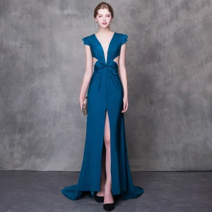 Moderne Mode Bleu D 039 Encre Robe De Soirée 2018 Trompette Sirène V Cou Mancherons Fendue Devant Tribunal Train Dos Nu Robe De Ceremonie