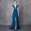 Modern / Fashion Ink Blue Evening Dresses  2018 Trumpet / Mermaid V-Neck Cap Sleeves Split Front Court Train Backless Formal Dresses