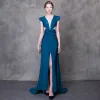 Modern / Fashion Ink Blue Evening Dresses  2018 Trumpet / Mermaid V-Neck Cap Sleeves Split Front Court Train Backless Formal Dresses