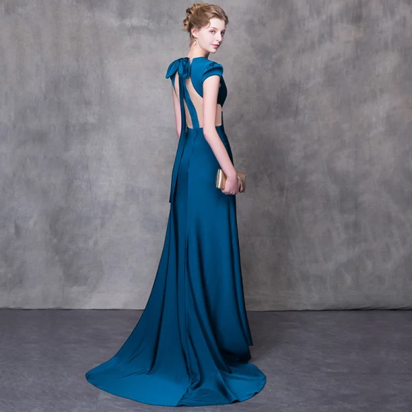 Modern / Fashion Ink Blue Evening Dresses 2018 Trumpet / Mermaid V-Neck Cap Sleeves Split Front Court Train Backless Formal Dresses
