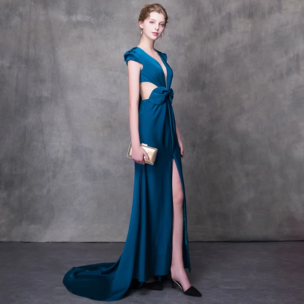 Modern / Fashion Ink Blue Evening Dresses 2018 Trumpet / Mermaid V-Neck Cap Sleeves Split Front Court Train Backless Formal Dresses