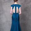 Modern / Fashion Ink Blue Evening Dresses  2018 Trumpet / Mermaid V-Neck Cap Sleeves Split Front Court Train Backless Formal Dresses