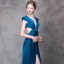 Modern / Fashion Ink Blue Evening Dresses  2018 Trumpet / Mermaid V-Neck Cap Sleeves Split Front Court Train Backless Formal Dresses