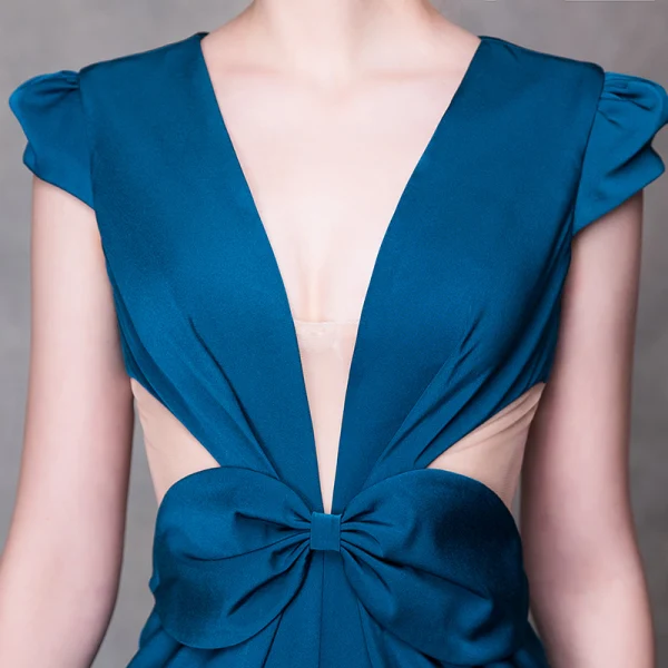 Modern / Fashion Ink Blue Evening Dresses 2018 Trumpet / Mermaid V-Neck Cap Sleeves Split Front Court Train Backless Formal Dresses