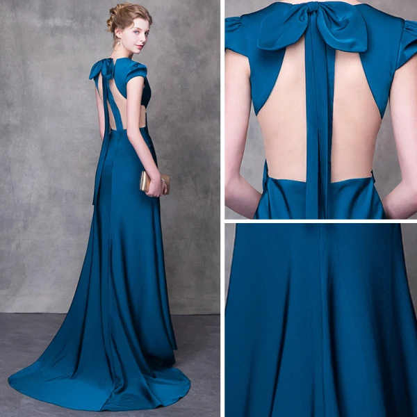 Modern / Fashion Ink Blue Evening Dresses 2018 Trumpet / Mermaid V-Neck Cap Sleeves Split Front Court Train Backless Formal Dresses