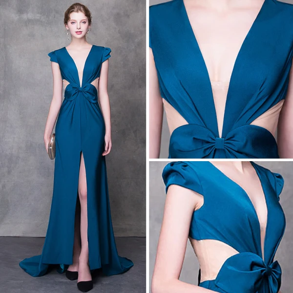 Modern / Fashion Ink Blue Evening Dresses 2018 Trumpet / Mermaid V-Neck Cap Sleeves Split Front Court Train Backless Formal Dresses