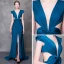 Modern / Fashion Ink Blue Evening Dresses  2018 Trumpet / Mermaid V-Neck Cap Sleeves Split Front Court Train Backless Formal Dresses