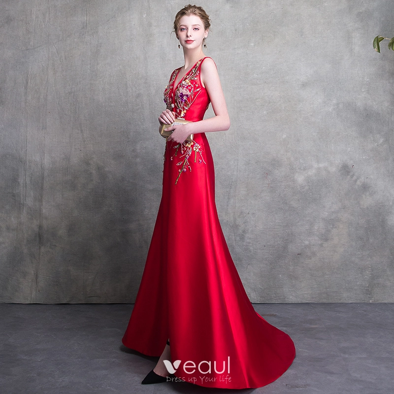 Luxury Gorgeous Red Evening Dresses 2018 A Line Princess V Neck Sleeveless  Beading Sash Split Front Sweep Train Backless Formal Dresses