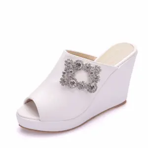 Roman White Rhinestone Prom Womens Sandals 2025 10 Cm Wedges Open Peep Toe Sandals High Heels