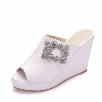 Roman White Rhinestone Prom Womens Sandals 2025 10 Cm Wedges Open Peep Toe Sandals High Heels