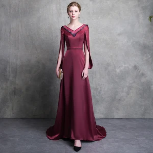 Modern Fashion Burgundy Evening Dresses 2018 A Line Princess V Neck Amazing Unique Long Sleeve Beading Sash Court Train Backless Formal Dresses