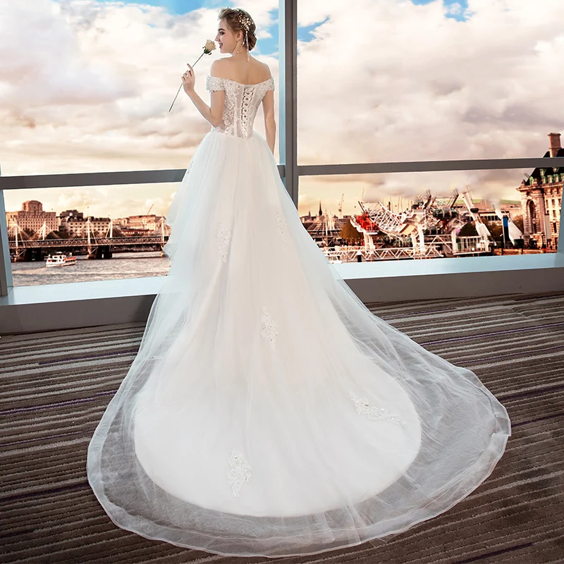 High Low Summer White Beach Wedding Dresses 2018 A Line Princess Off The  Shoulder Short Sleeve Backless Appliques Lace Sequins Beading Ruffle  Asymmetrical