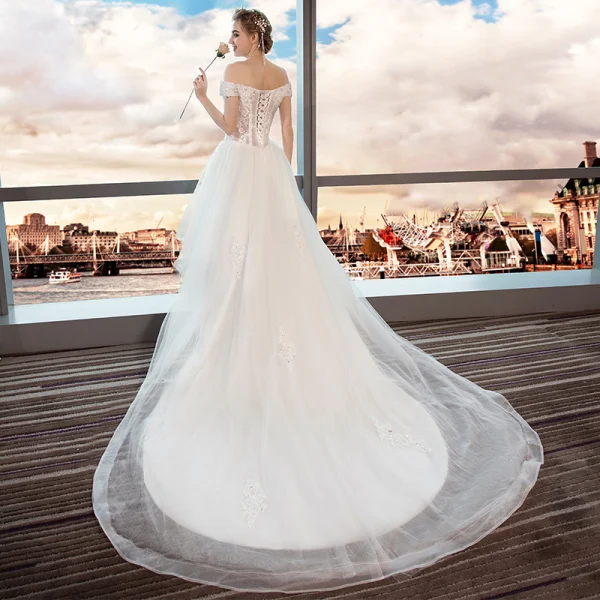 High Low Summer White Beach Wedding Dresses 2018 A-Line / Princess Off-The-Shoulder Short Sleeve Backless Appliques Lace Sequins Beading Ruffle Asymmetrical
